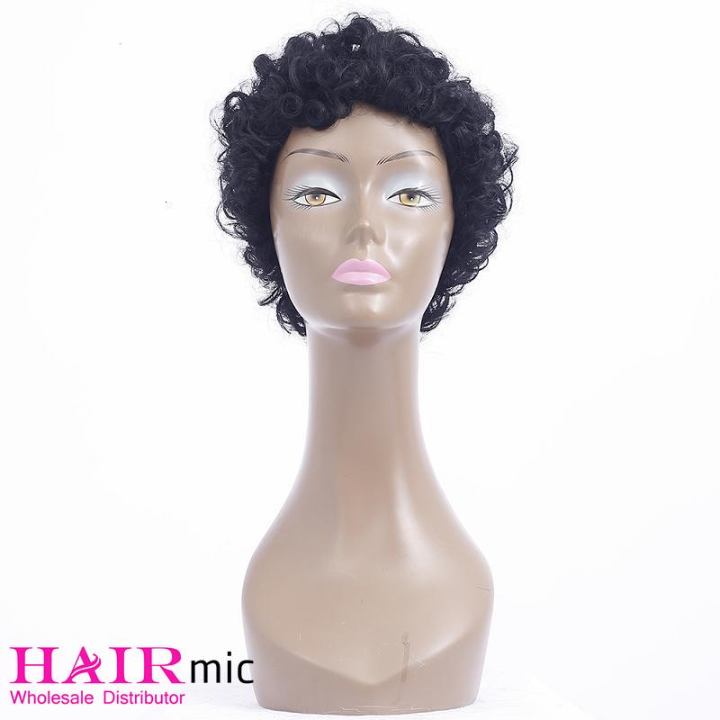 Short Curly Natural black Bouncy human hair Wig machine made